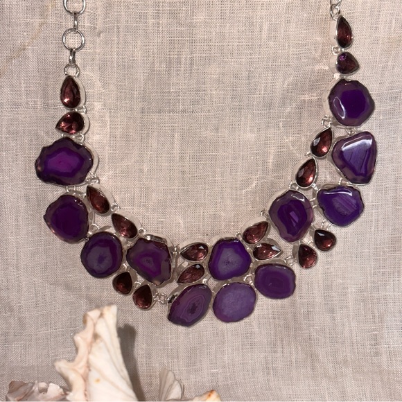 Enchanting Fuchsia Solar Quartz Druzy + Amethyst Handcrafted statement Necklace - Picture 7 of 12